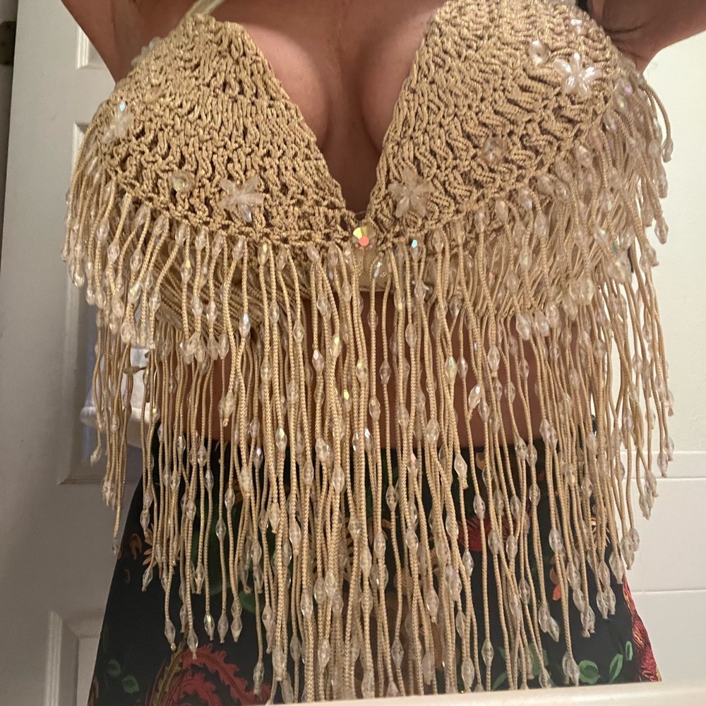 Vintage Showgirl halter top! crocheted beaded fringe sequins